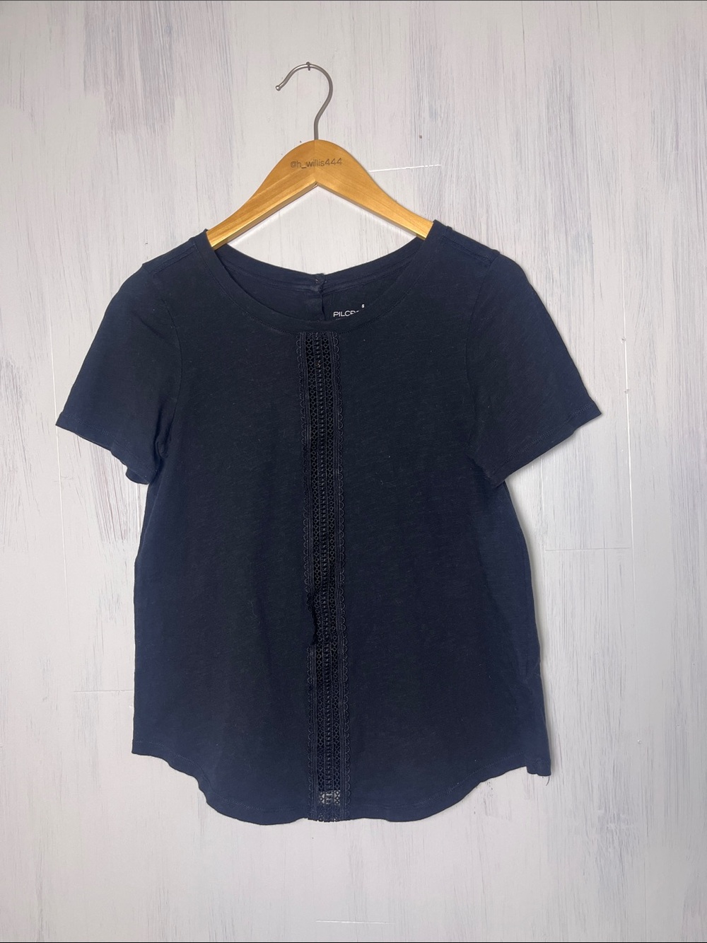 Pilcro Anthropologie Black Shirt Crochet Trim Scoop Neck Cotton Tee Size S